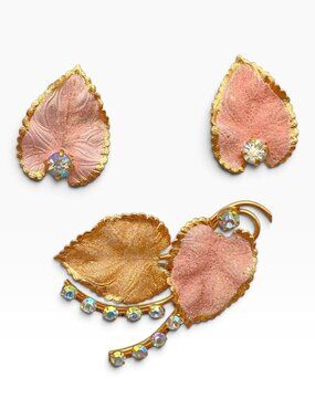 Vintage Pink Leaf Brooch Clip Earrings Demi Parure AB Rhinestones Gold Tone Set!